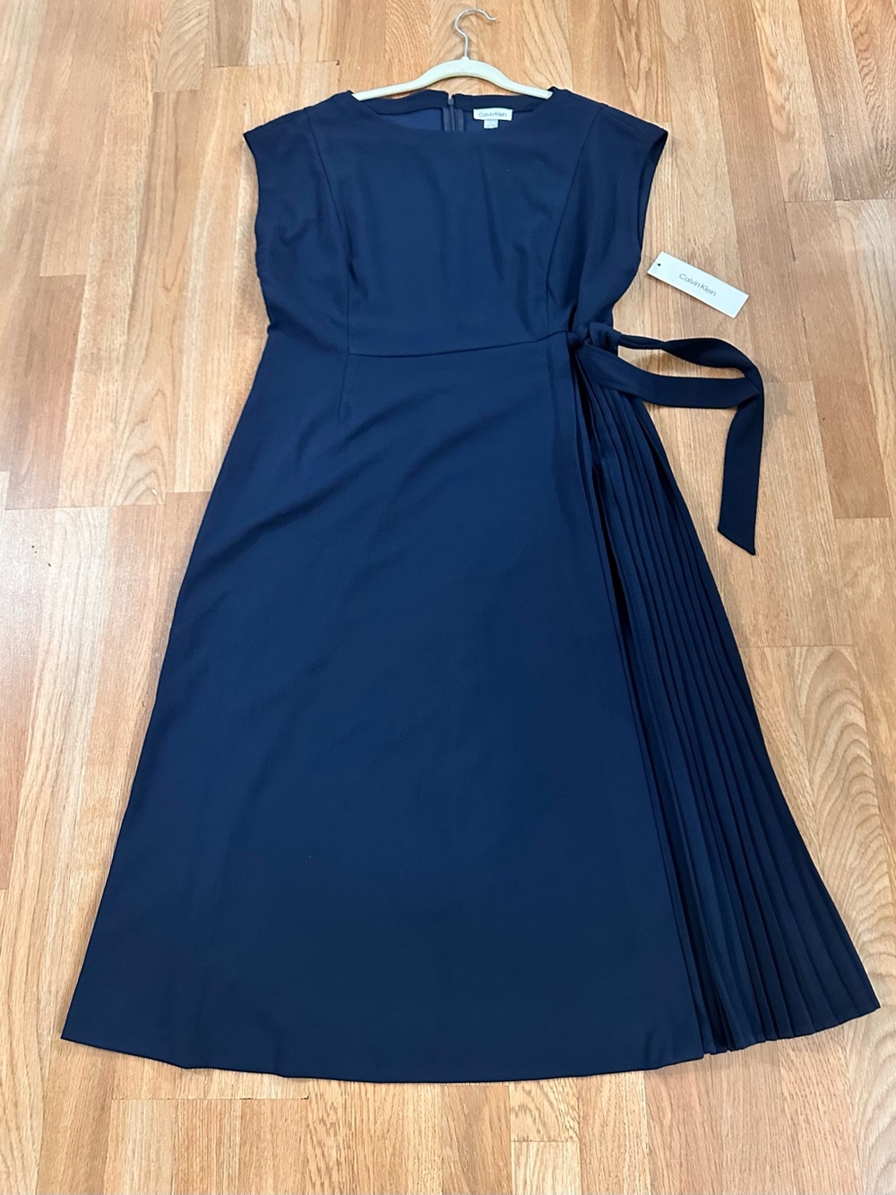 Calvin Klein Navy Midi Dress with Pleated Side and Self Tie
